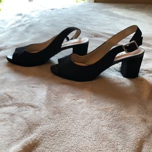 Black suede Clarks 2” sling stack heel